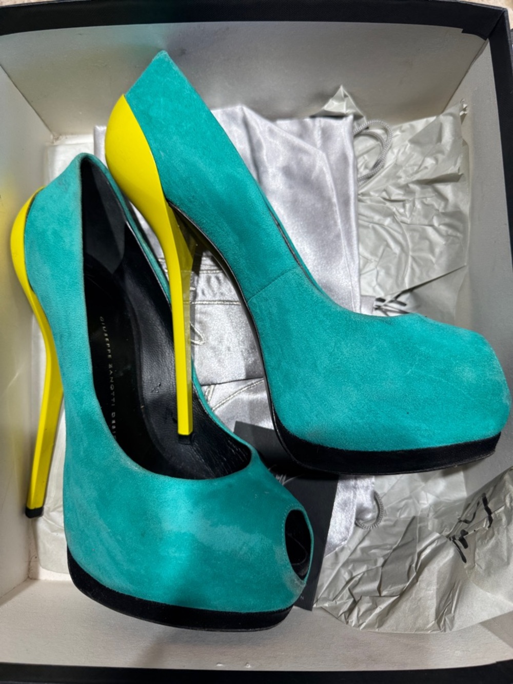 Giuseppe Zanotti Sharon Turquoise Suede Peep-Toe Pumps with Yellow Heel